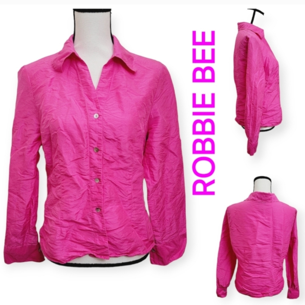 ROBBIE BEE 100% Silk Petite button down shirt/Blouse in Pink